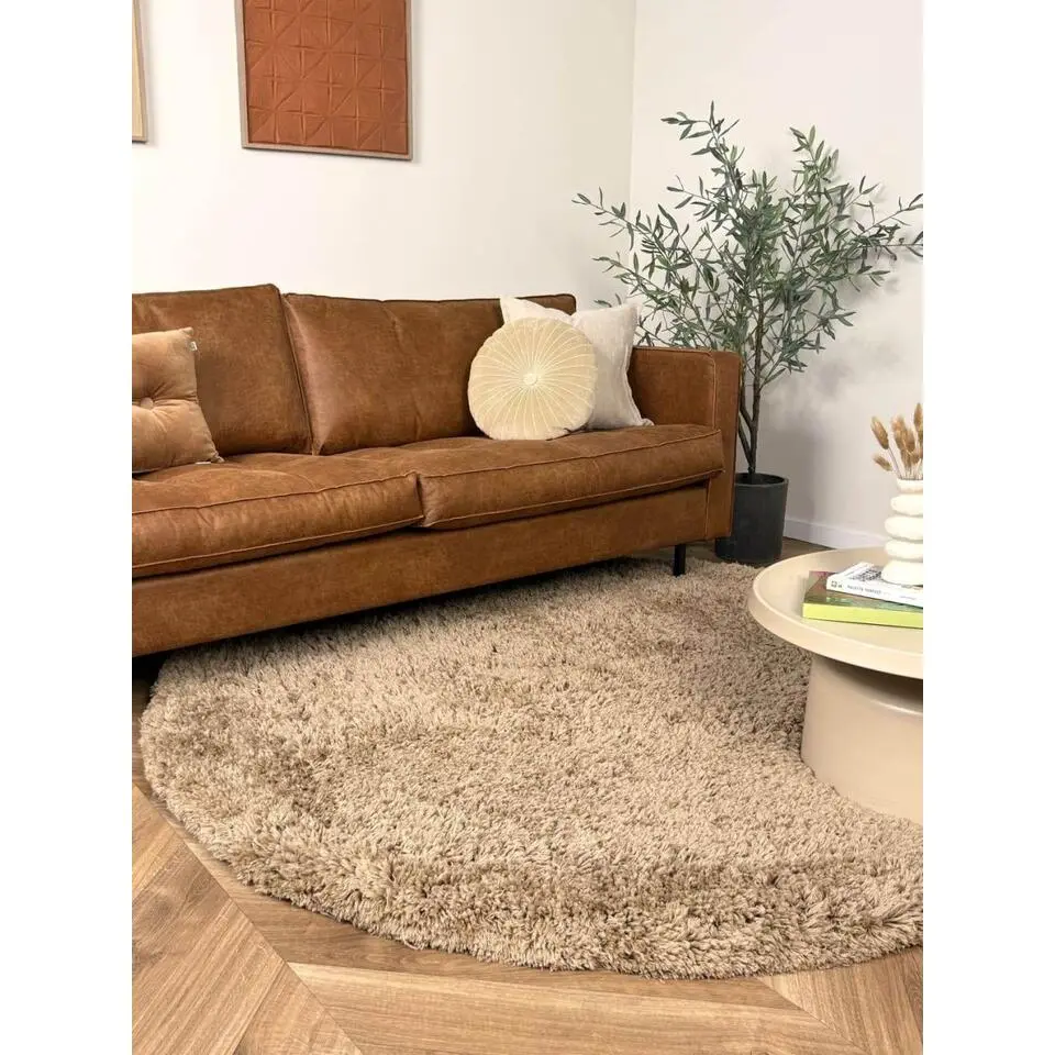 Interieur05 rond hoogpolig vloerkleed polyester Pilo taupe - 230 x 160 cm