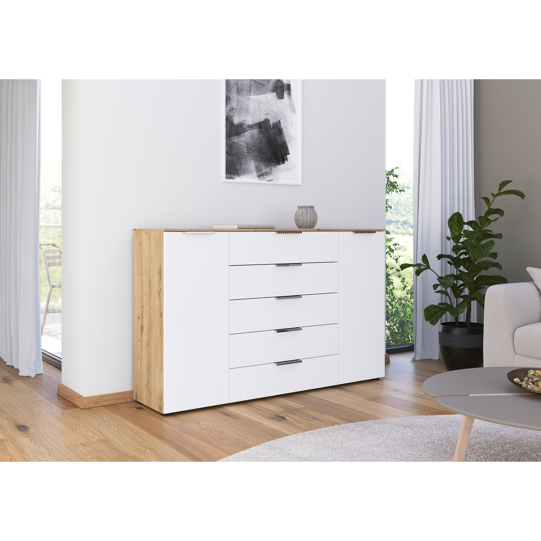 Kommode - Artisan Eiche-alpinweiß - Chromgriffe - 160 cm