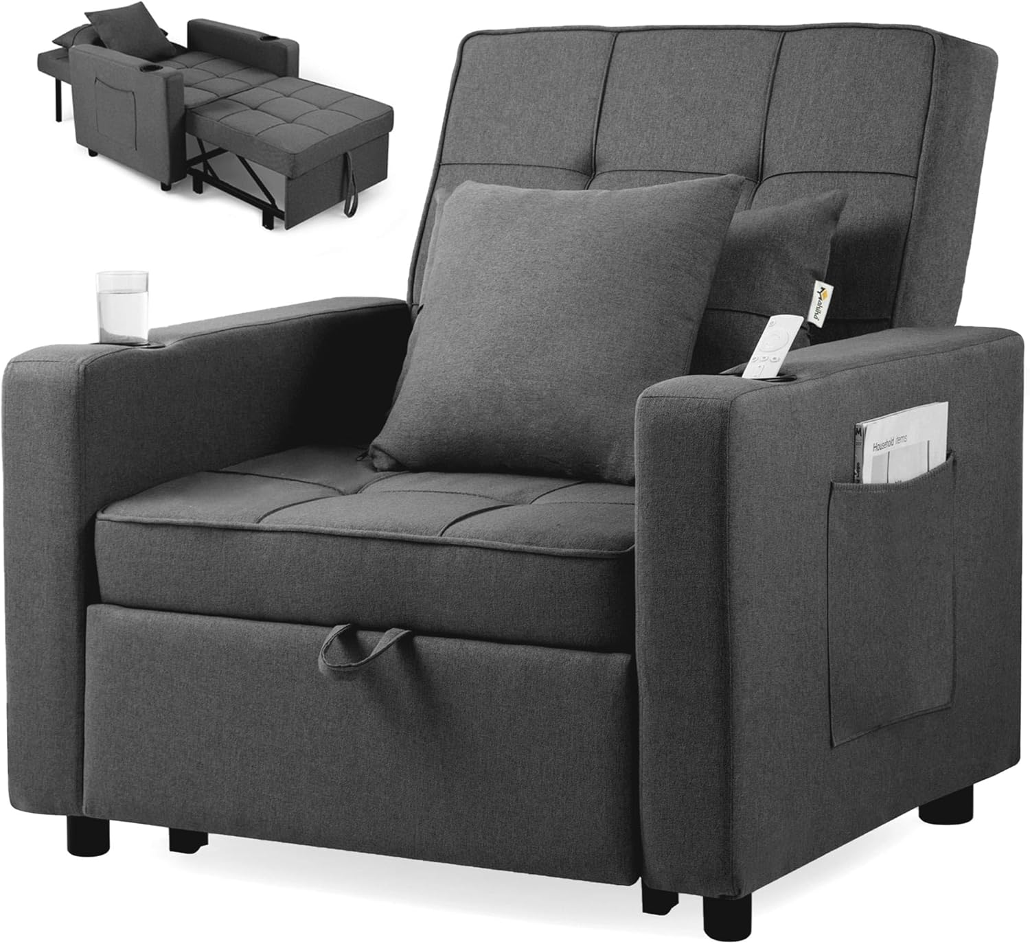 Schlafsessel Schlafsofa Tommy 3in1 - Verstellbare Rückenlehne - inkl. 2 Kissen Getränkehalter Seitentaschen - Bis 150kg - Relaxsessel Schlafstuhl Klappbett Gästebett Wohnzimmer Dunkelgrau