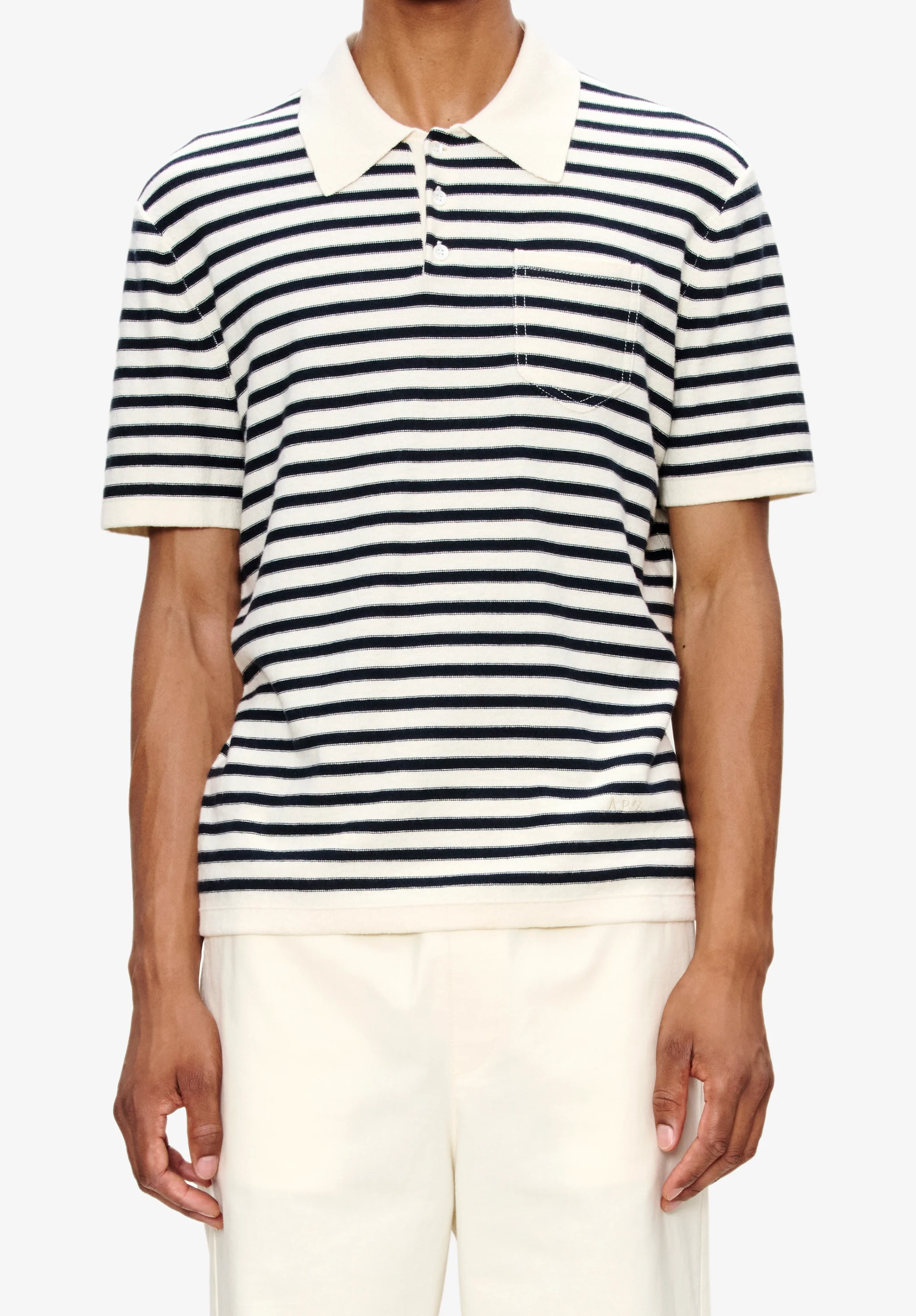 Polo rayé en mélange coton et cachemire - Ecru/dark navy
