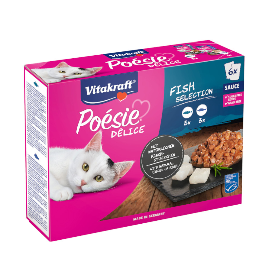 6 sachês x 85g Vitakraft Poésie Sachê de Peixe ao Molho para Gatos
