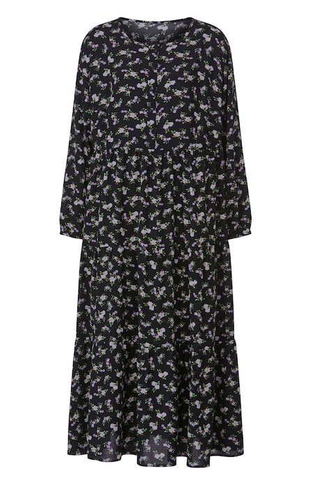Maxikleid, A-Line, Blütenmuster, Rundhals, Langarm, Volants