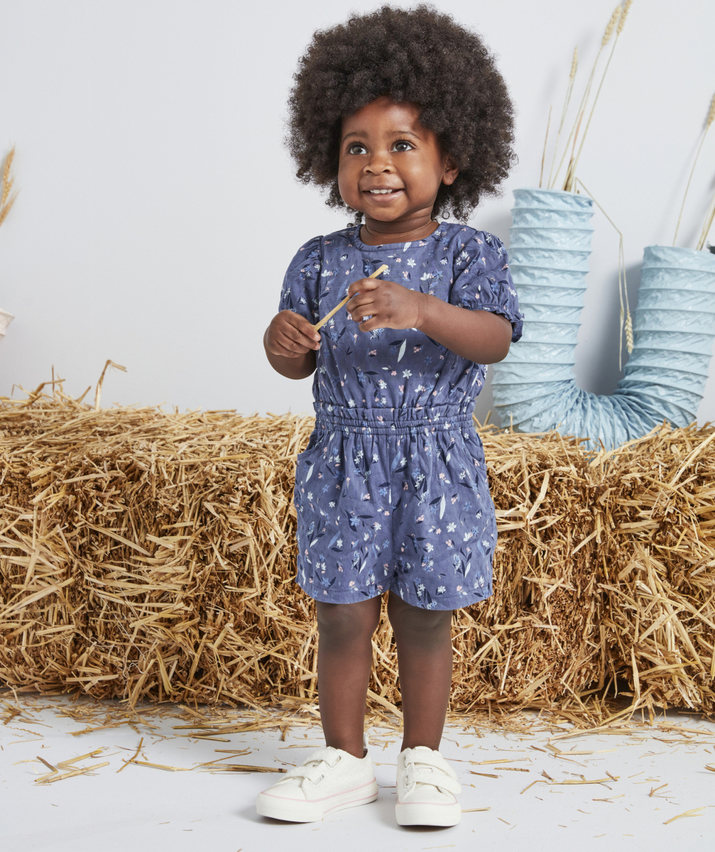 COMBISHORT BÉBÉ FILLE EN COTON BLEU NUIT IMPRIMÉE FLEURIE