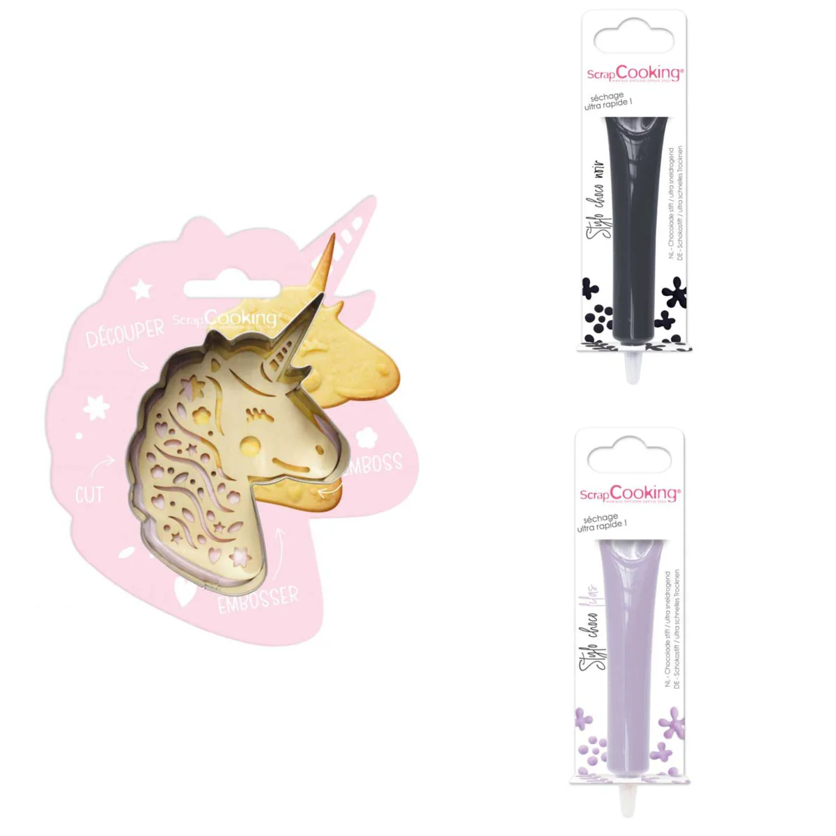 Kit pour biscuit en relief Licorne + 2 Stylos au chocolat noir et lila