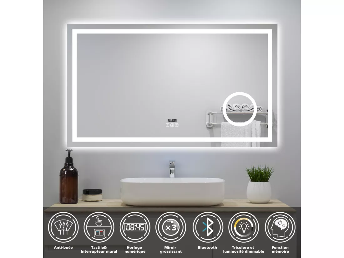 Miroir Lumineux avec Bluetooth 160 x 80cm, Horloge + 3 Couleurs + Dimmable + Anti-buée + grossissant 3x，Mural Miroir Salle de Bain