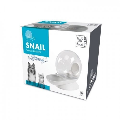 Garrafa de água em formato de caracol M-Pets com filtro, na cor branca, para cães e gatos.