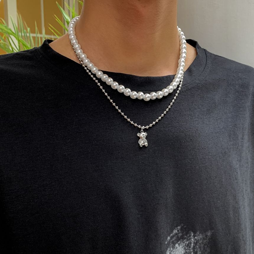 Gretlyn - Bear Pendant Faux Pearl Layered Necklace