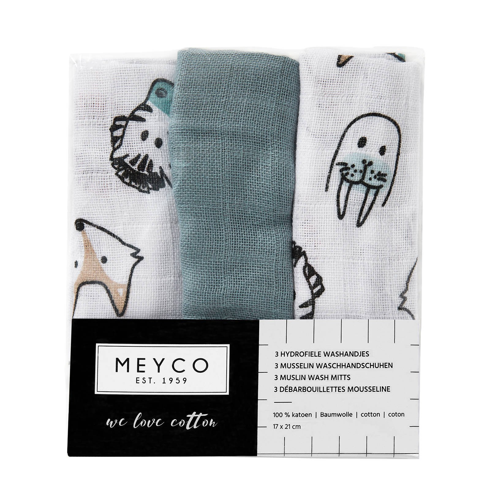 Meyco hydrofiele baby washandjes (set van 3) animal/uni