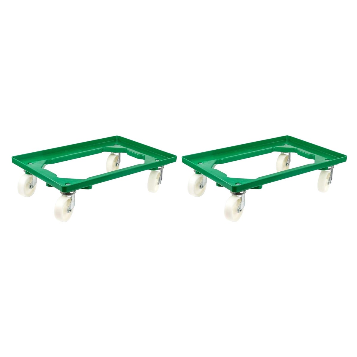 PROREGAL Voordeelset 2x Transportwagens voor Euroboxen 60 x 40 cm met Groene Kunststof Wielen, Open Dek, 2 Zwenkwielen en 2 Remwielen, Draagvermogen 300 kg
