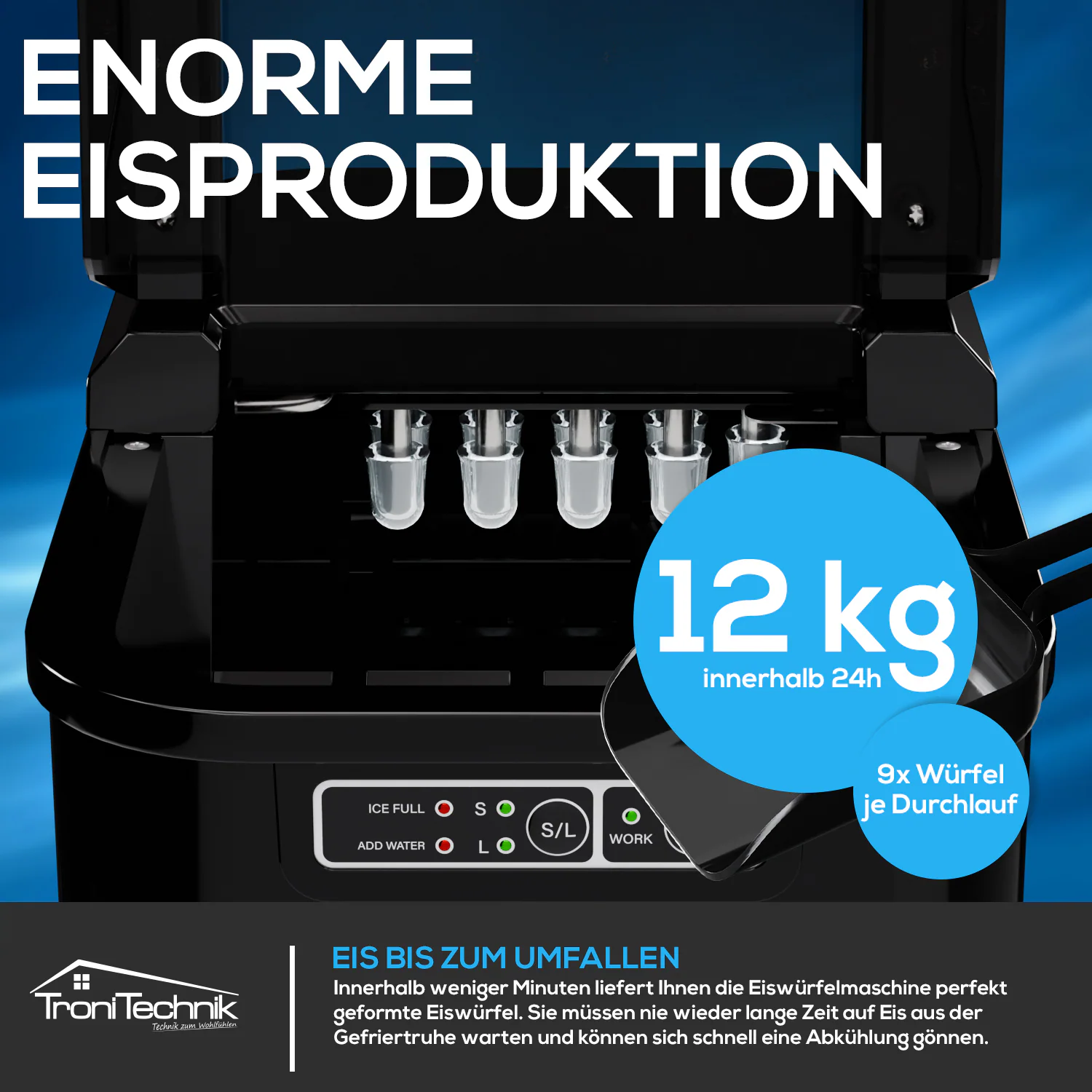 TroniTechnik® Eiswürfelmaschine Eiswürfelbereiter, Ice Maker, 12kg/24h, 2,2 Liter Wassertank, 2 Größen, Selbstreinigung, schwarz