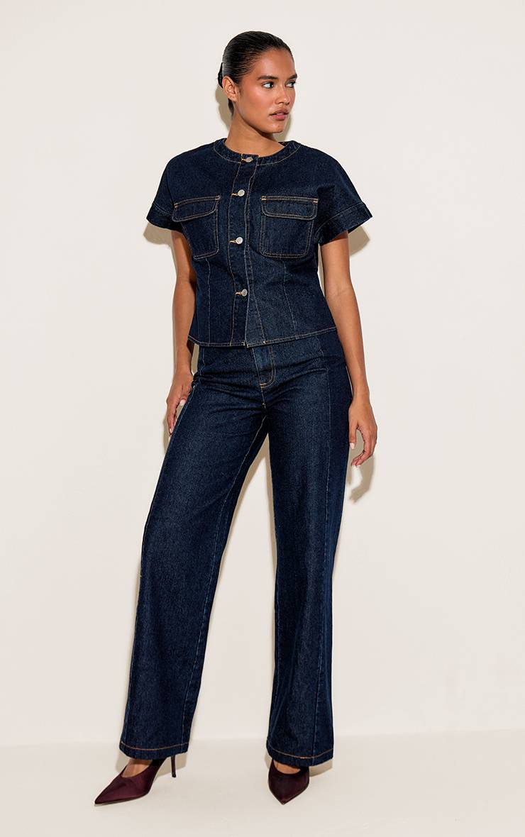 Bleu Indigo Chemise En Jean Courte À Col Rond Avec Détail De Poches