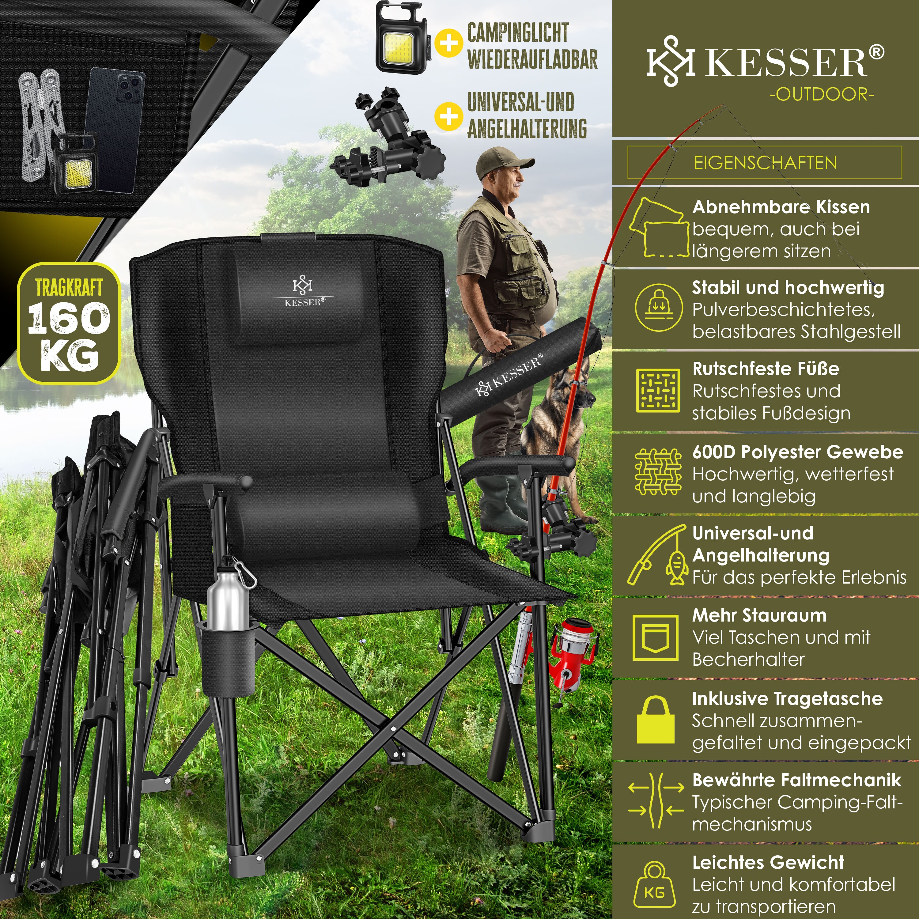 KESSER® Campingstuhl faltbar bis 160 kg | Angelstuhl Faltstuhl Klappstuhl Gepolstert mit Armlehnen | Campinglicht und Getränkehalter + Tasche mit hoher Rückenlehne | Strandstuhl mit Angelhalterung