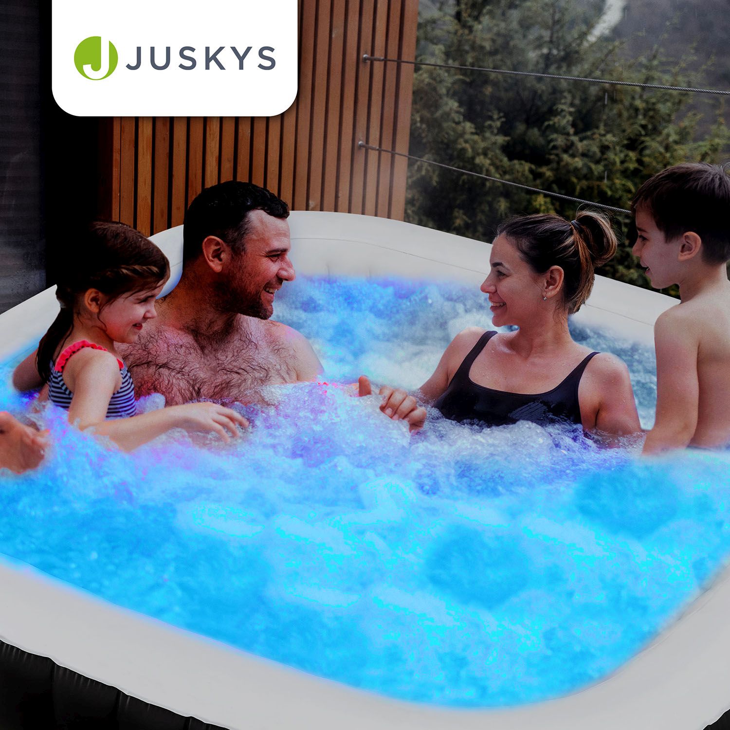 Juskys Whirlpool Palmira für 6 Personen - Outdoor Indoor Pool aufblasbar, eckig & LED - Schwarz