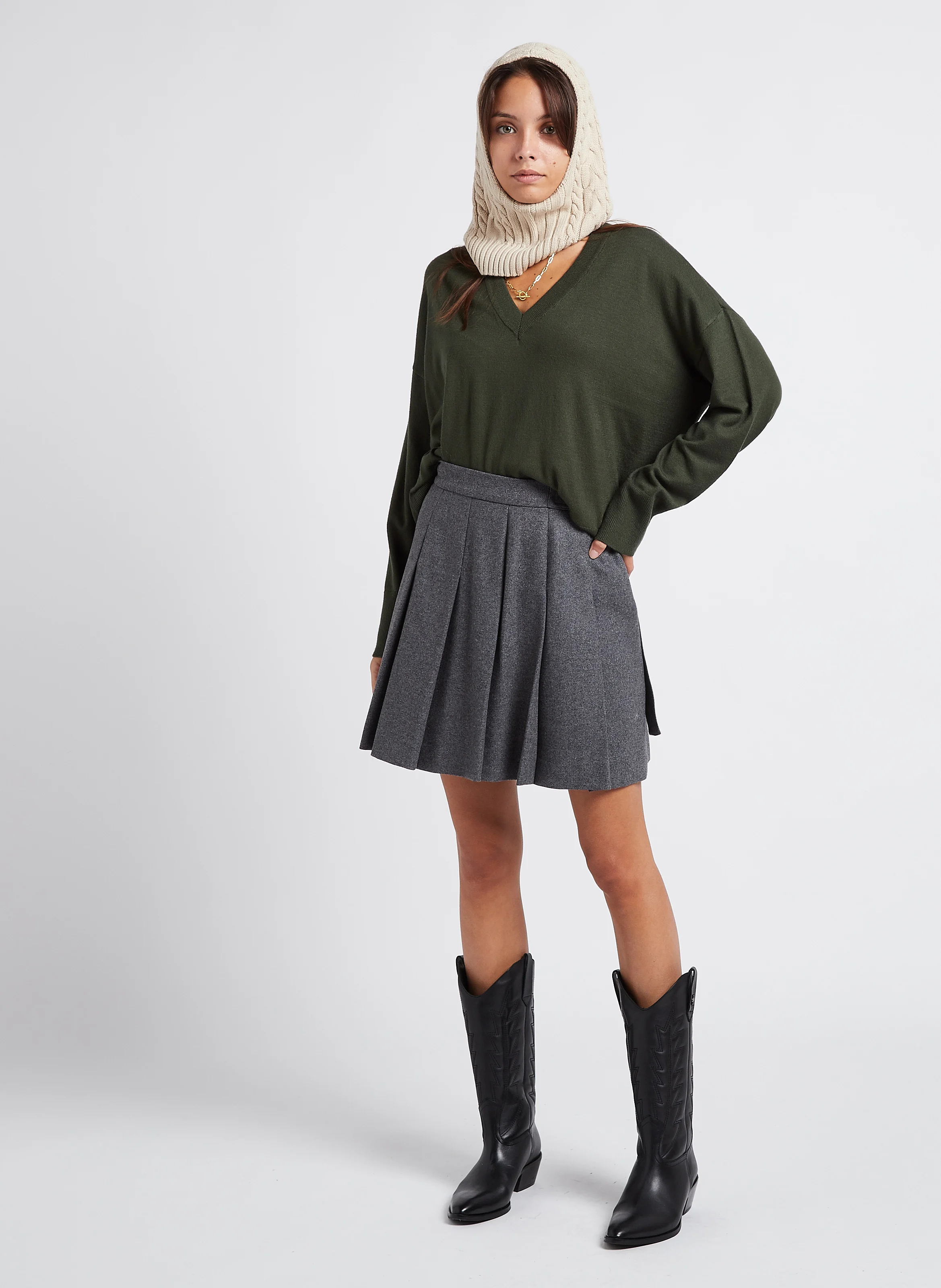 RACHELLE - Pull col V en maille mélangée | Vert
