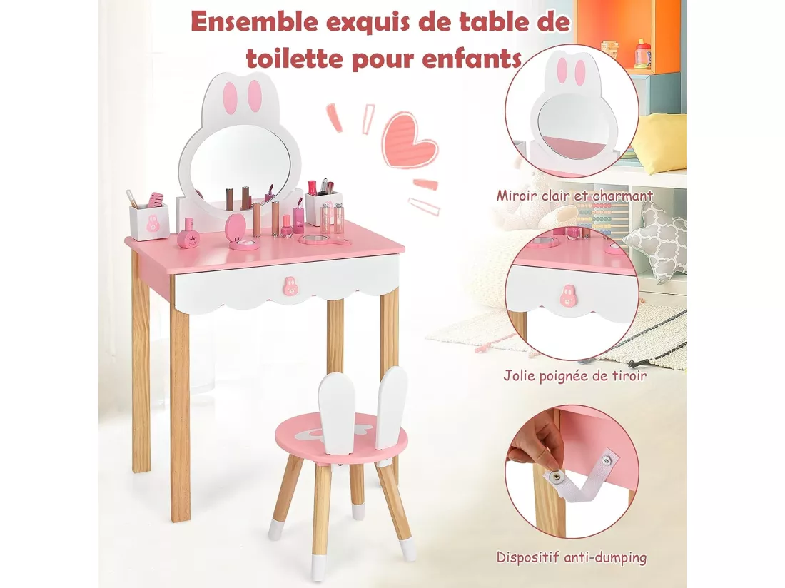 Coiffeuse pour enfants 2 en 1 avec miroir amovible et tabouret tiroirs boîte de rangement