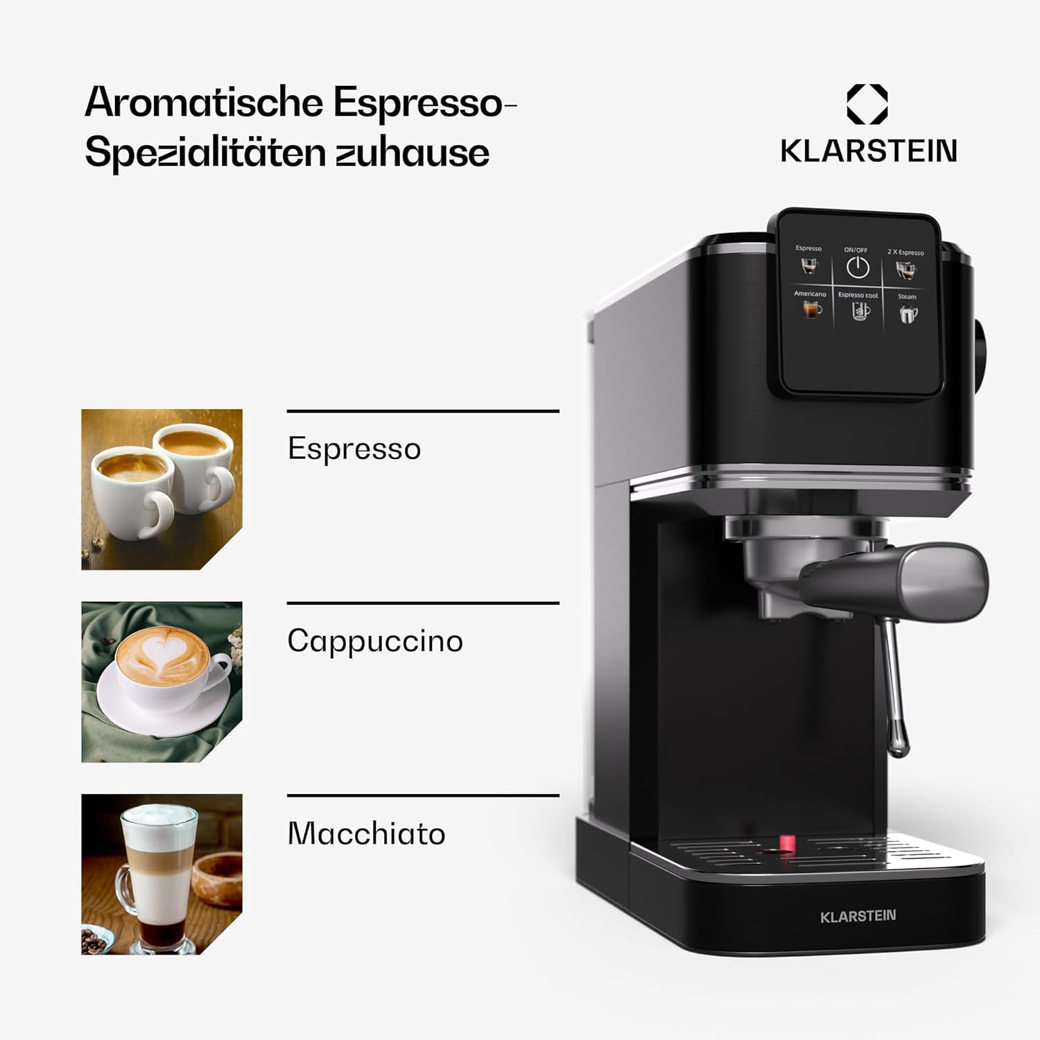 Klarstein SteelPresso Touch Slim Siebträgermaschine – 20 Bar, 1350W, 1,2L Wassertank, Dampfdüse, Edelstahlgehäuse, Kompakt, Schwarz