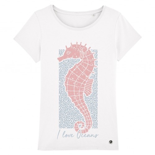 Camiseta feminina com estampa de cavalo-marinho, branca