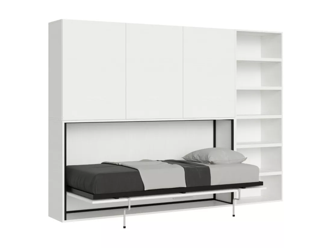 Lit escamotable horizontal blanc Bounto 85x185 avec rangement et bibliothèque composition G-1 matelas 85x185