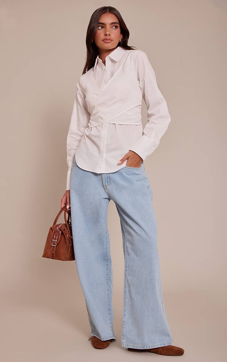 Blanc Chemise Longue En Coton Avec Détail Cache-cœur