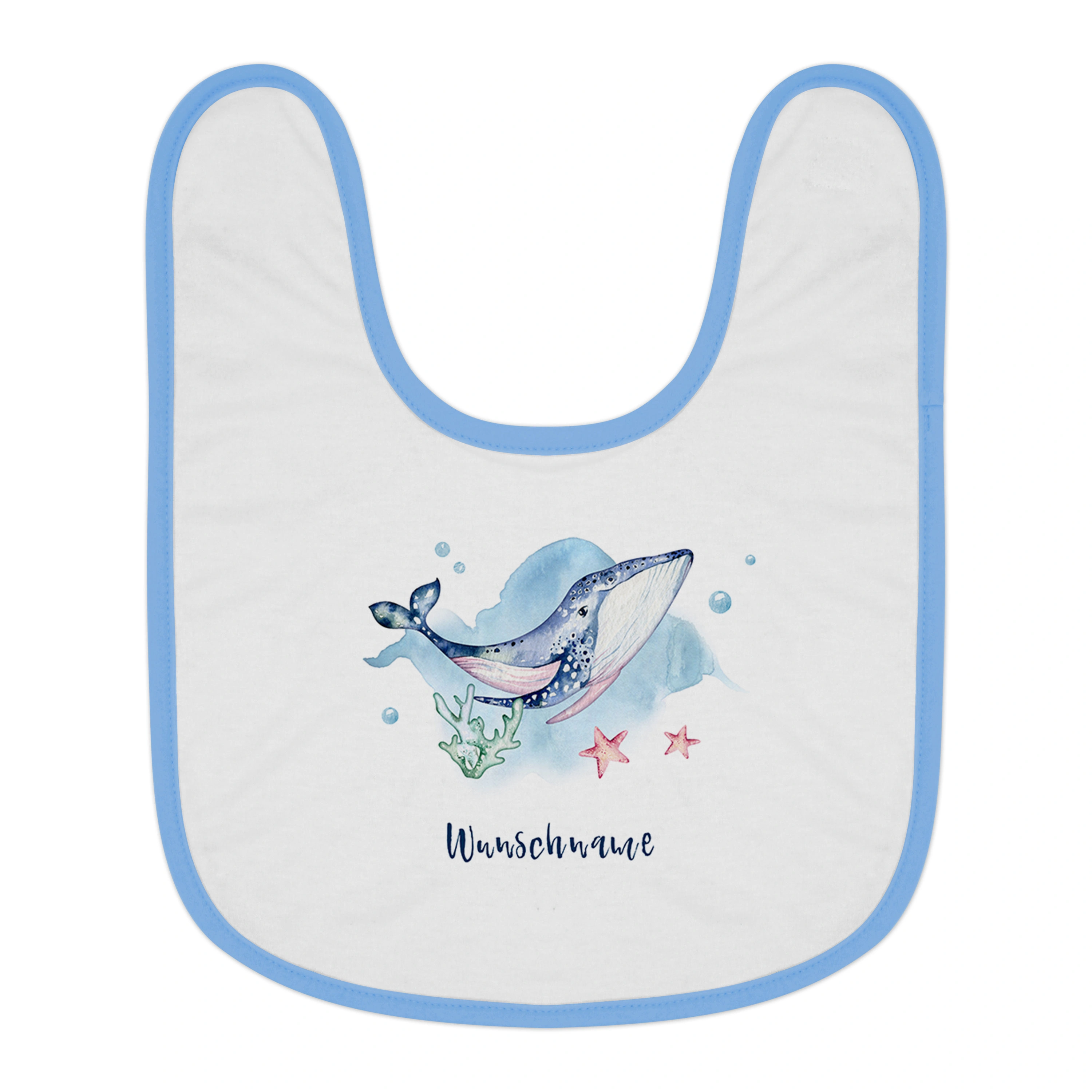 Baby-Lätzchen mit Namen, blau (Motiv: Wal)