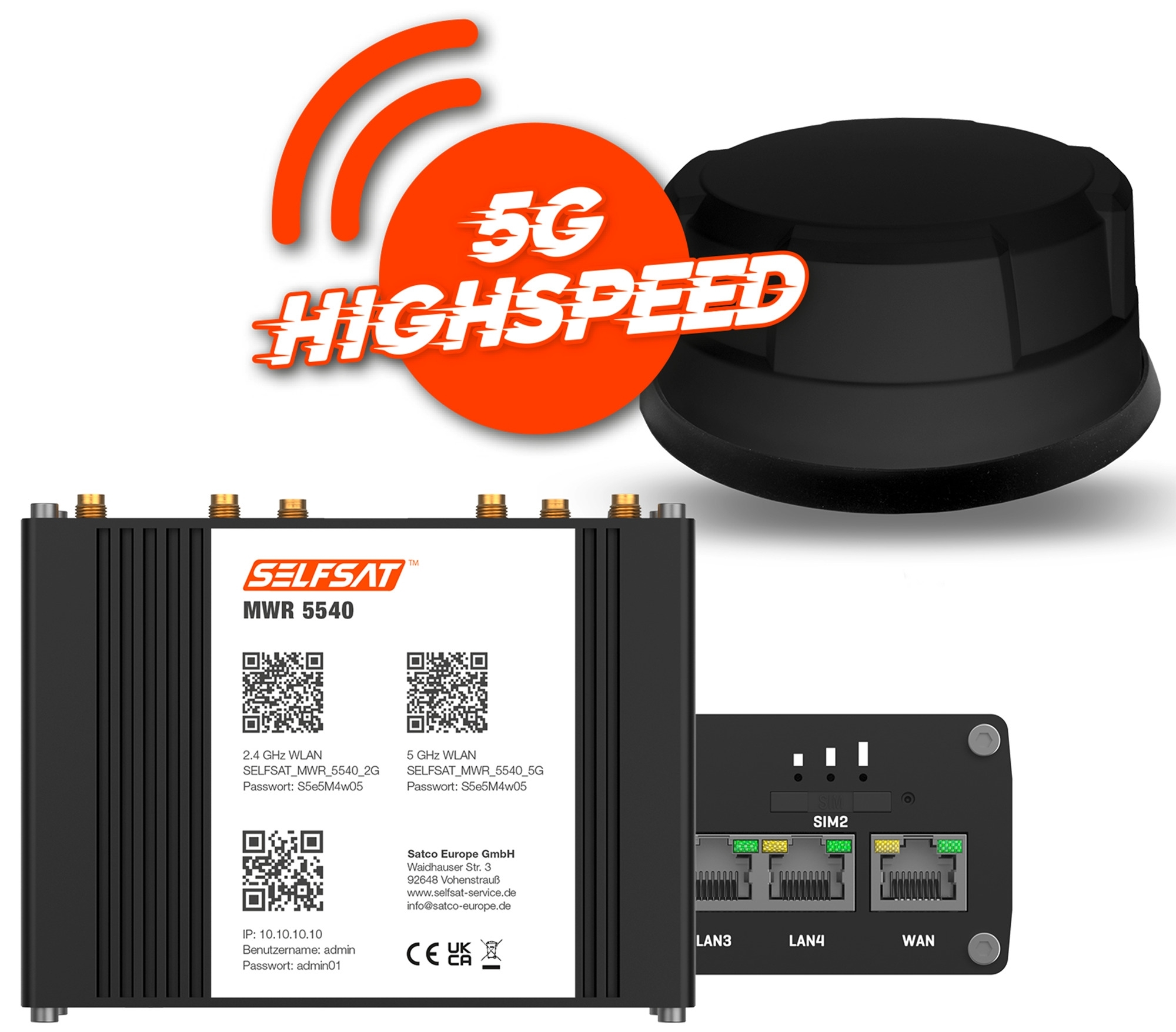 Selfsat 5G Cat 12 WLAN Router MWR 5540 bis 2,6 Gbps inkl. Panorama Antenne schwarz