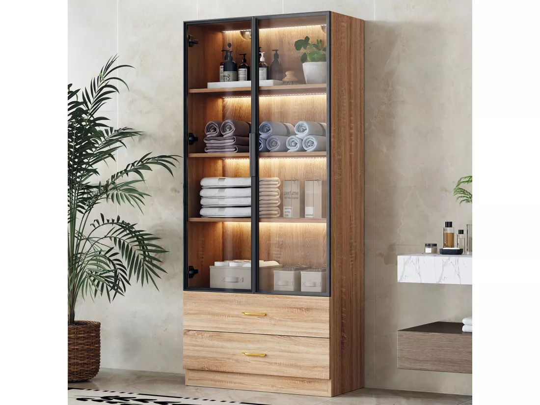 Vitrine、Meuble de salle de bain avec LED - 2 tiroirs et 2 portes vitrées - Naturel