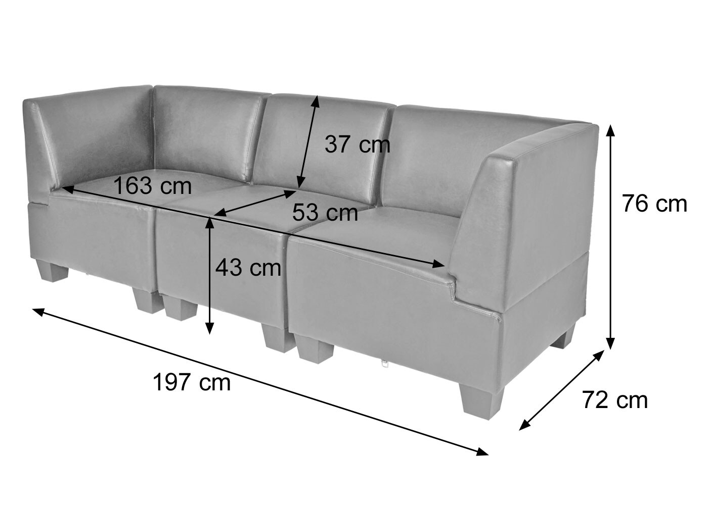 Modular 3-Sitzer Sofa Couch Moncalieri, Kunstleder ~ schwarz, hohe Armlehnen