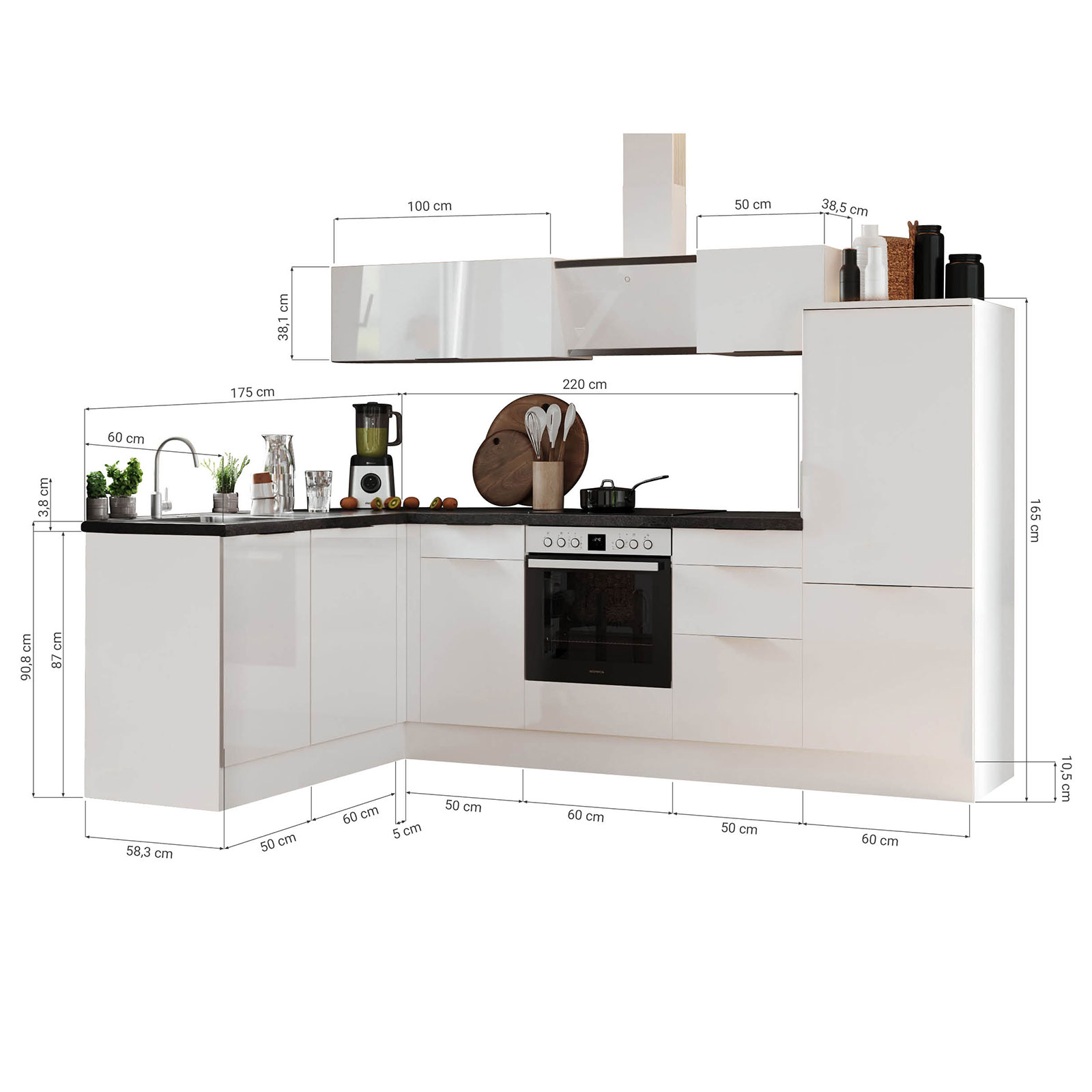 RESPEKTA Winkelküche - weiß Hochglanz - weiß matt - mit E-Geräten - 280x175 cm