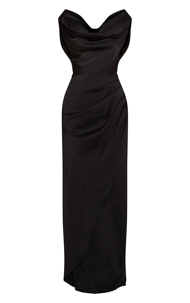 Noir Robe Longue Drapée En Satin À Col Bénitier