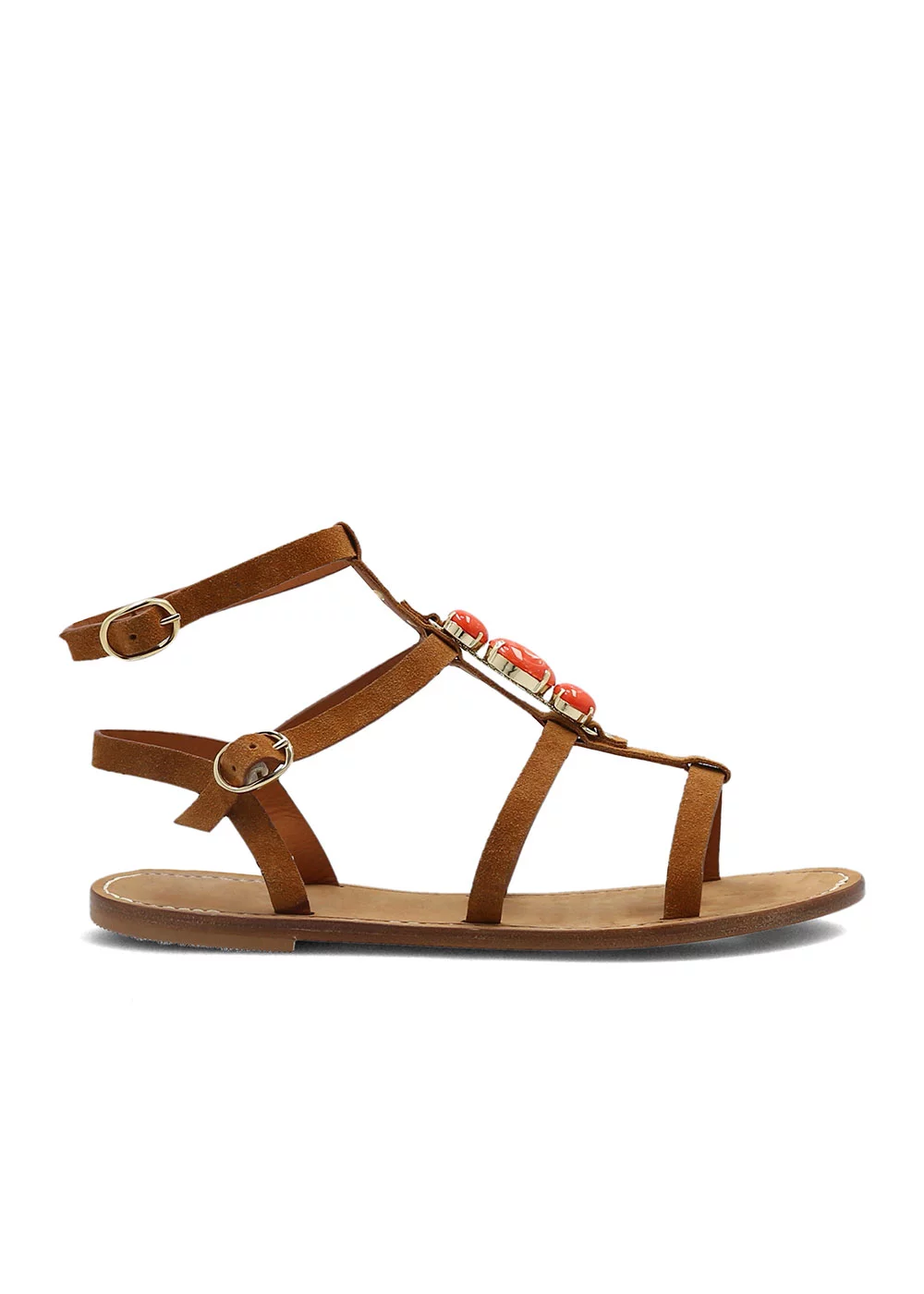SPARTIATE ORELIE VELOURS CAMEL ET BIJOUX CORAIL