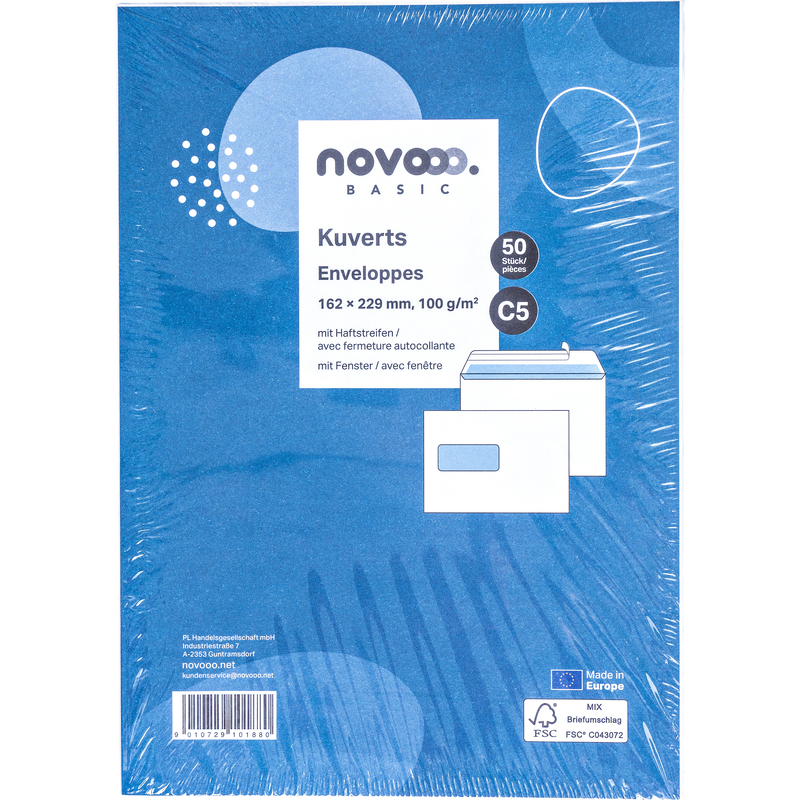 novooo Basic Couvert, Fenster links, C5, 50 Stück