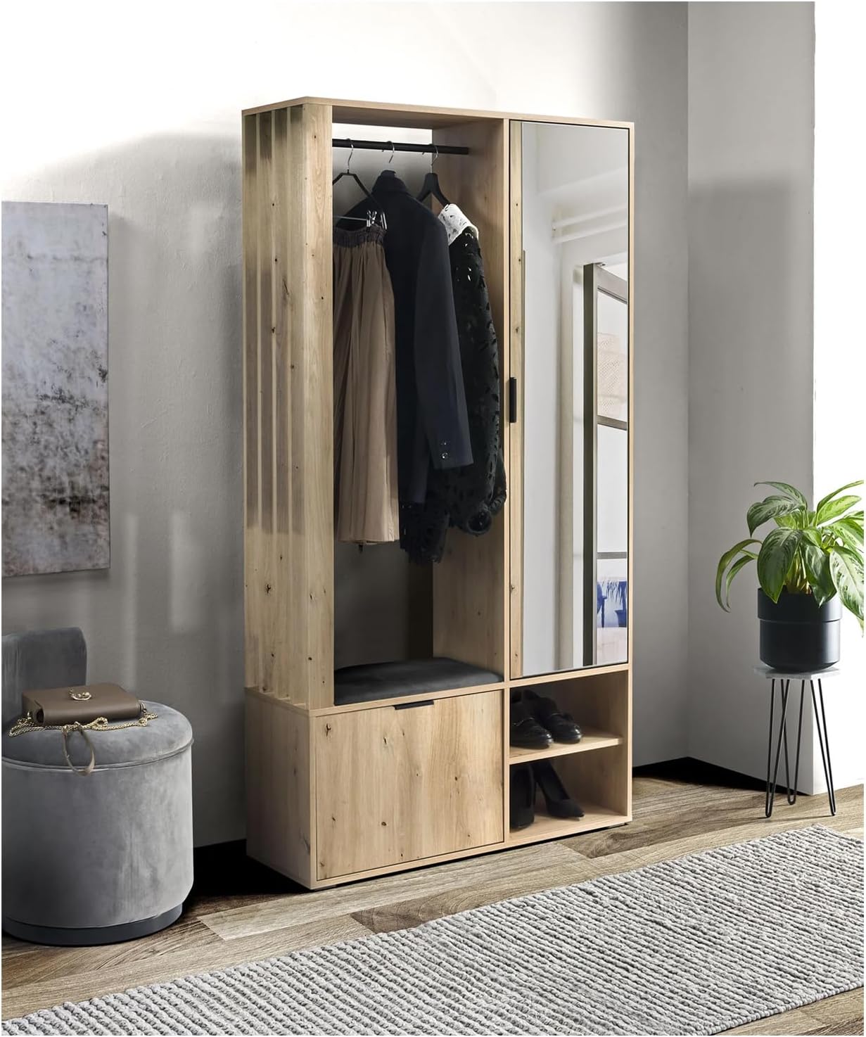 MEBLINI Garderobenschrank Flur mit Spiegel - Garderobe Schrank - Flurgarderobe schmal - Garderobe Flur Möbel Set - Flurschrank hoch - Milano - 100x33x190cm R/L - Artisan Eiche mit Sitzbank