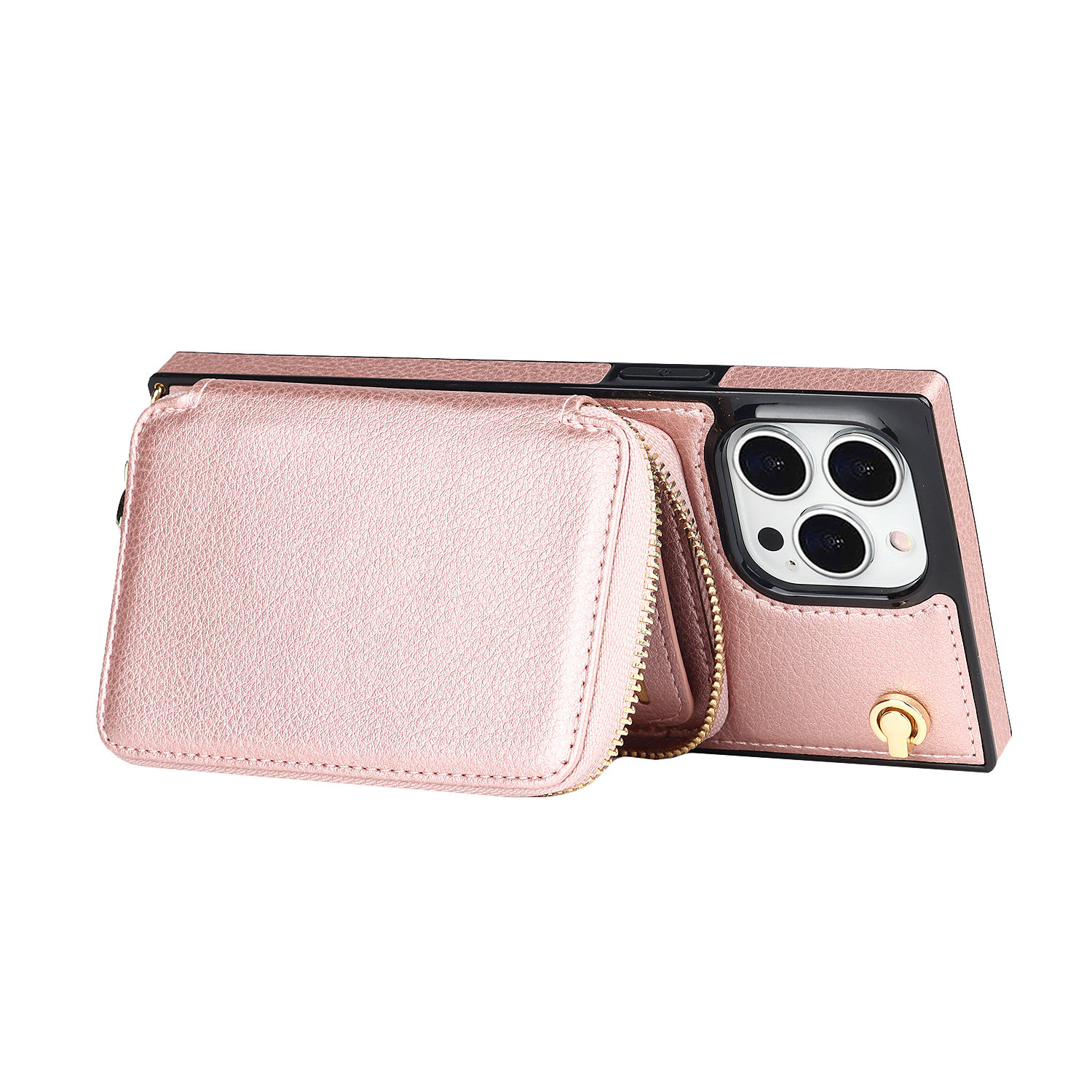iPhone 13 Pro Necklace Leder Schutz Hülle mit Kartenfächer   Handykette (140cm) - Roségold