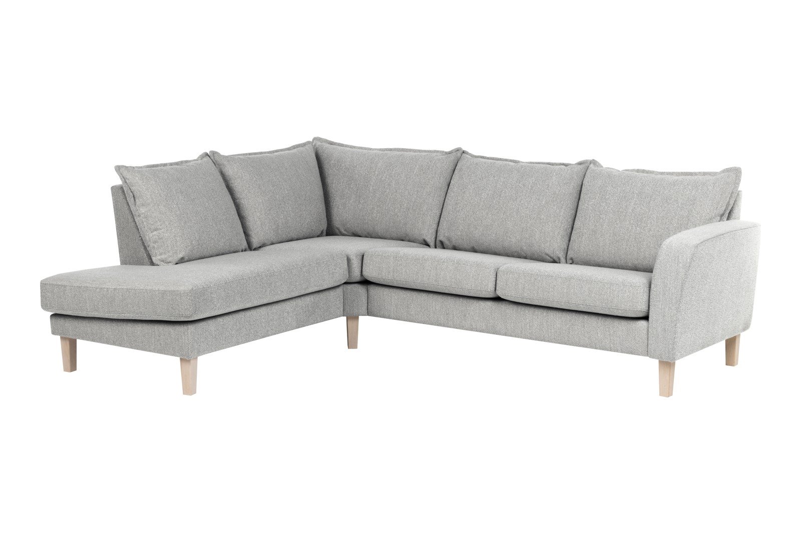 Slogen hjørnesofa Oppsett AV. 2,5-seter med åpen ende venstre. Tekstil Viva Silver med soft ryggpute. Vange A og hvitpigmentert ben 178.