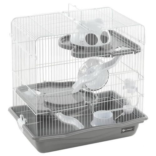 Gaiola em forma de flamingo com casinha cinza para roedores.