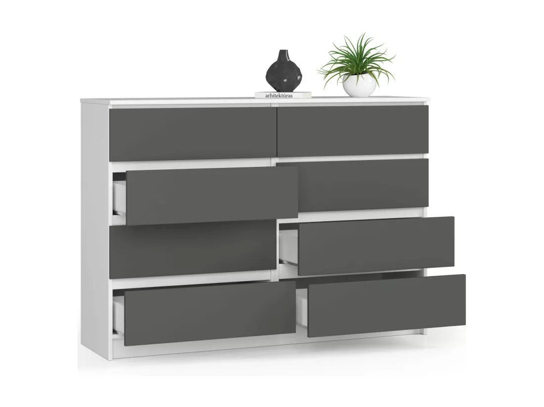 Commode AKORD K140 Blanche 138 cm 8 tiroirs façade Gris Graphite 138x40x99 cm
