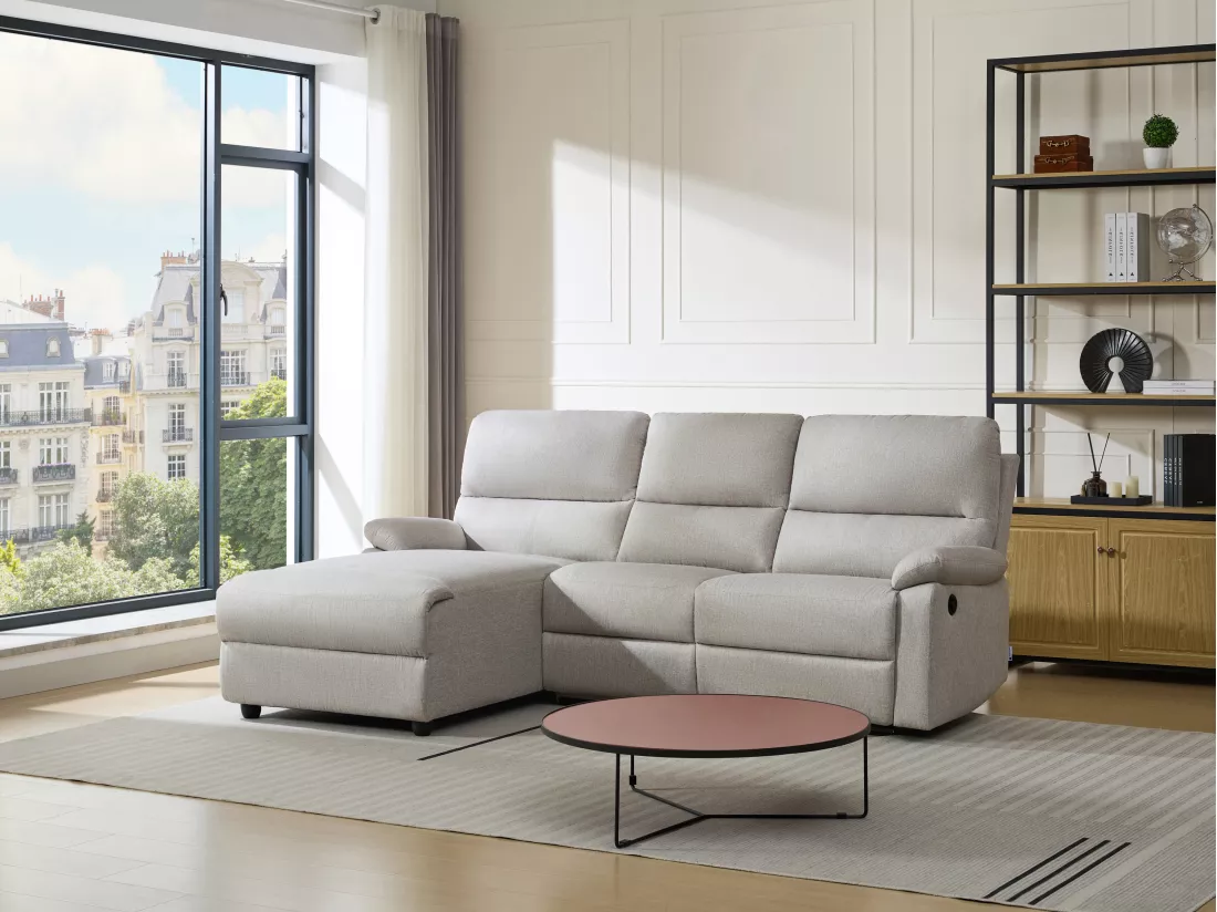Canapé d'angle gauche relax électrique en tissu beige LUNANO