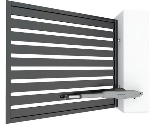 Chamberlain CHLA250EVC draaipoortaandrijving voor enkele en dubbele poorten, inclusief 2 x design afstandsbedieningen, 1 x infrarood fotocel en 2 x 2 sleutels voor noodontgrendeling.