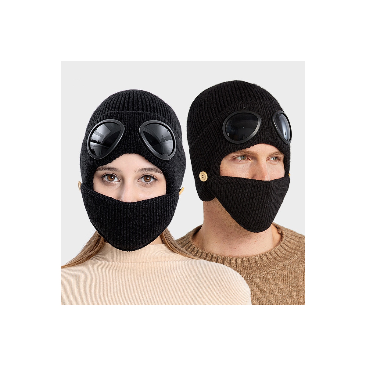 Strikket lue lue med goggles maske Sort