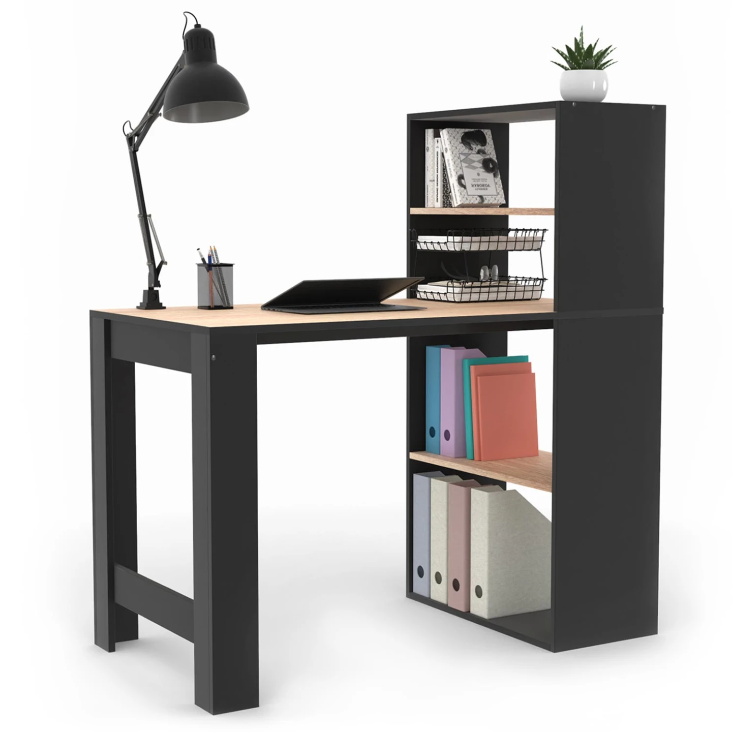 Bureau bibliothèque BEN avec étagères noir et façon hêtre