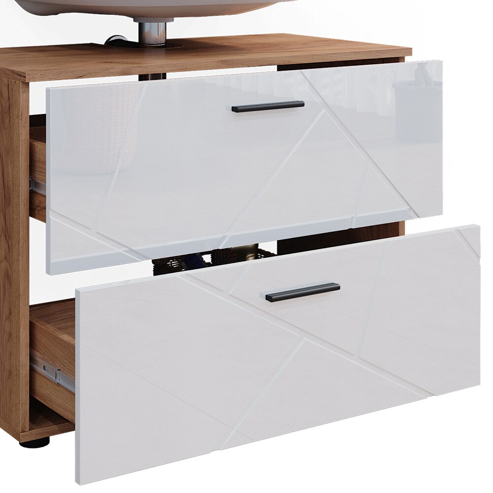 Vicco Badmöbelset Irma Eiche Weiß Hochglanz modern Badezimmerschrank Badschrank Badezimmermöbel Waschtischunterschrank Spiegelschrank Schrankschublade Schrankfach Schranktür