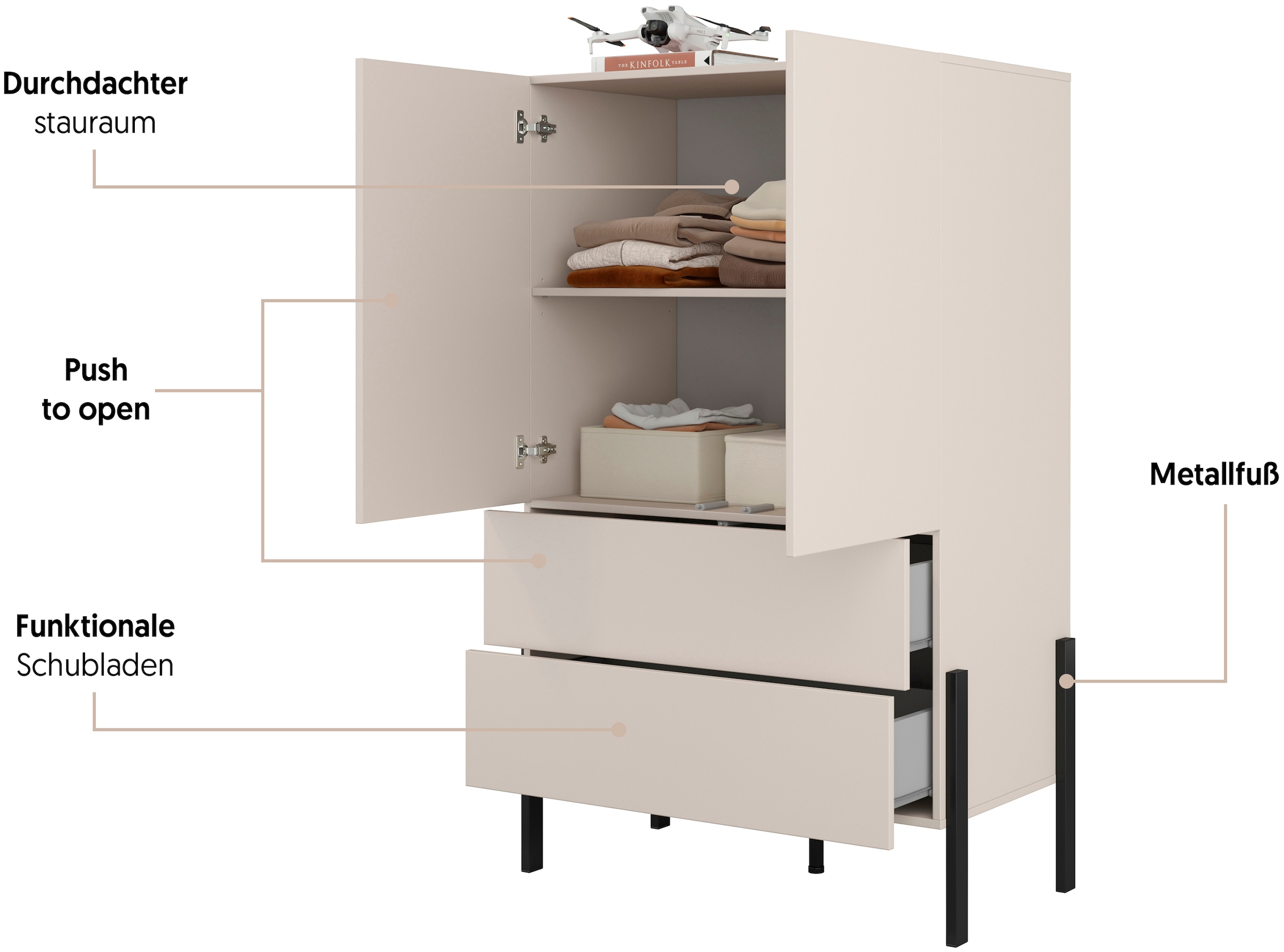 Home affaire Wäscheschrank »Jukon, moderner griffloser Kleiderschrank, Metallfüsse, Made in Europe« 90x150x50, ideal für kleine Räume oder Nischen,  Mehrzweckschrank ,2 Schubladen, 2 Türen, FSC-zertifiziert