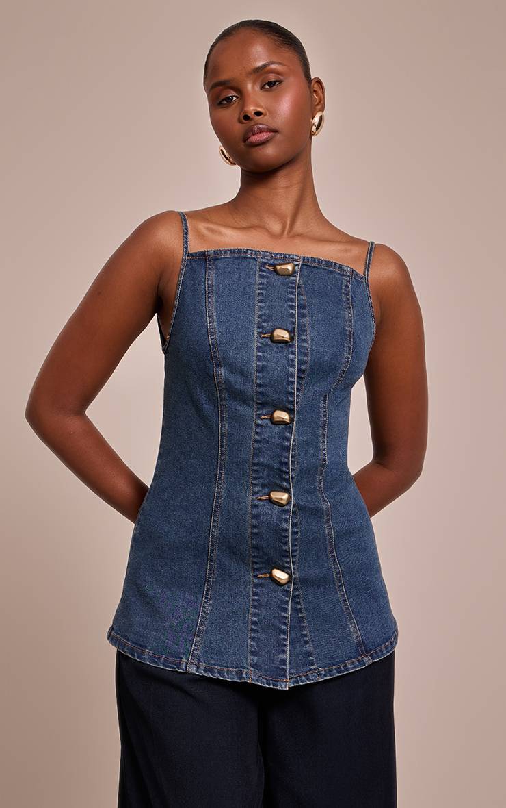 Bleu Foncé Top Caraco En Denim À Détails De Coutures Et Boutons Dorés