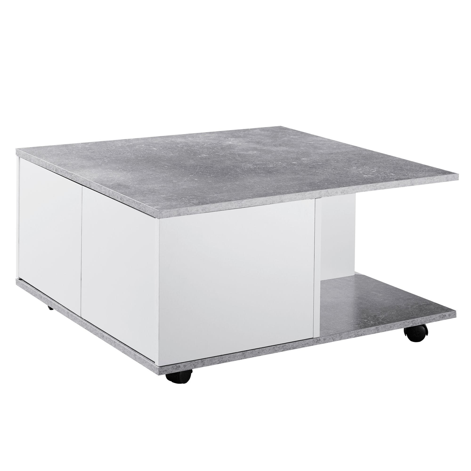 KADIMA DESIGN Couchtisch RAPIDO: 70x70x36,5 cm, 2 Schubladen, Rollen, Melaminharzbeschichtung, Weiß/Anthrazit.