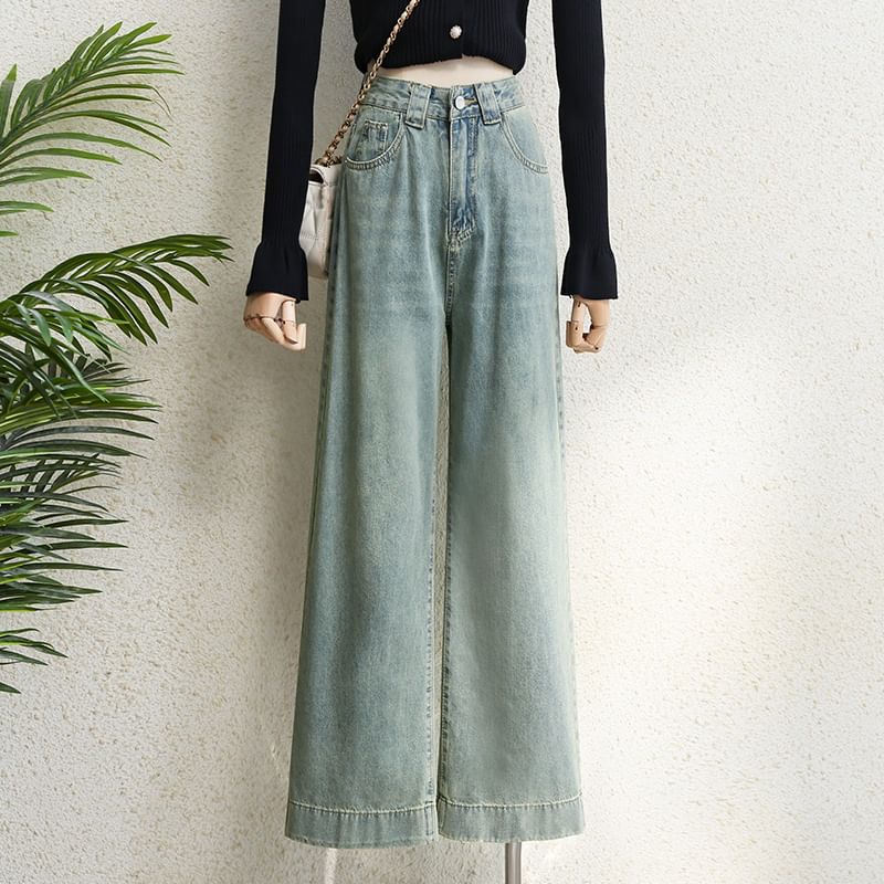 Rusutsu - High Waist Washed Wide Leg Jeans
