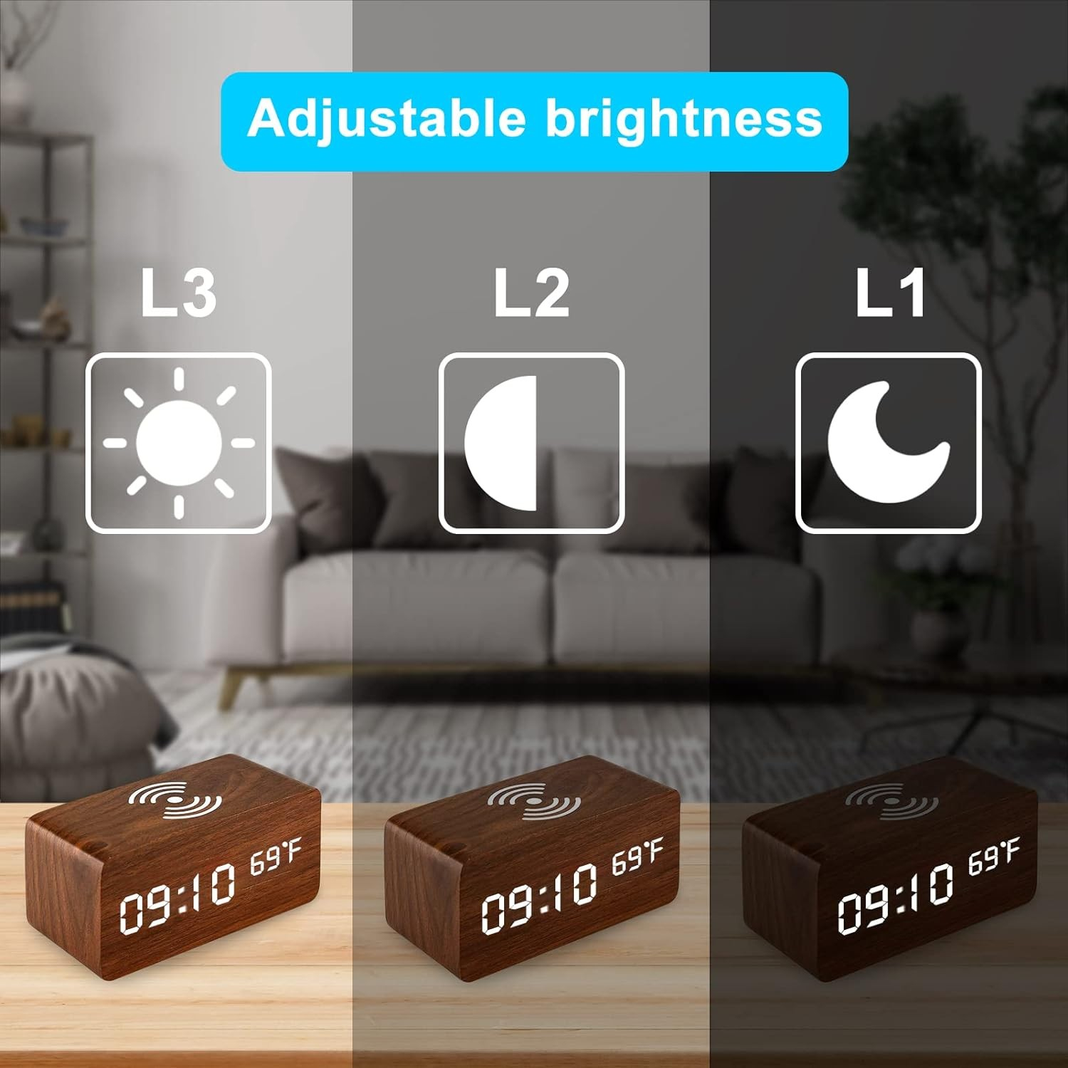 3in1 LED Holz Wecker USB Nachttisch Uhr mit Integrierter Ladestation Qi Wireless Ladegerät / Temperatur Anzeige - Braun