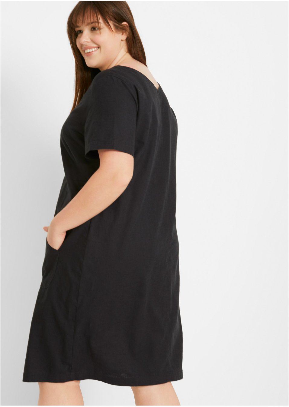 Robe en lin majoritaire à col V, mi-manches, longueur genou