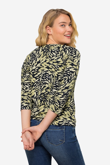 T-Shirt, Fische Print, Rundhals, 3/4-Ärmel, elastischer Saum, OEKO-TEX