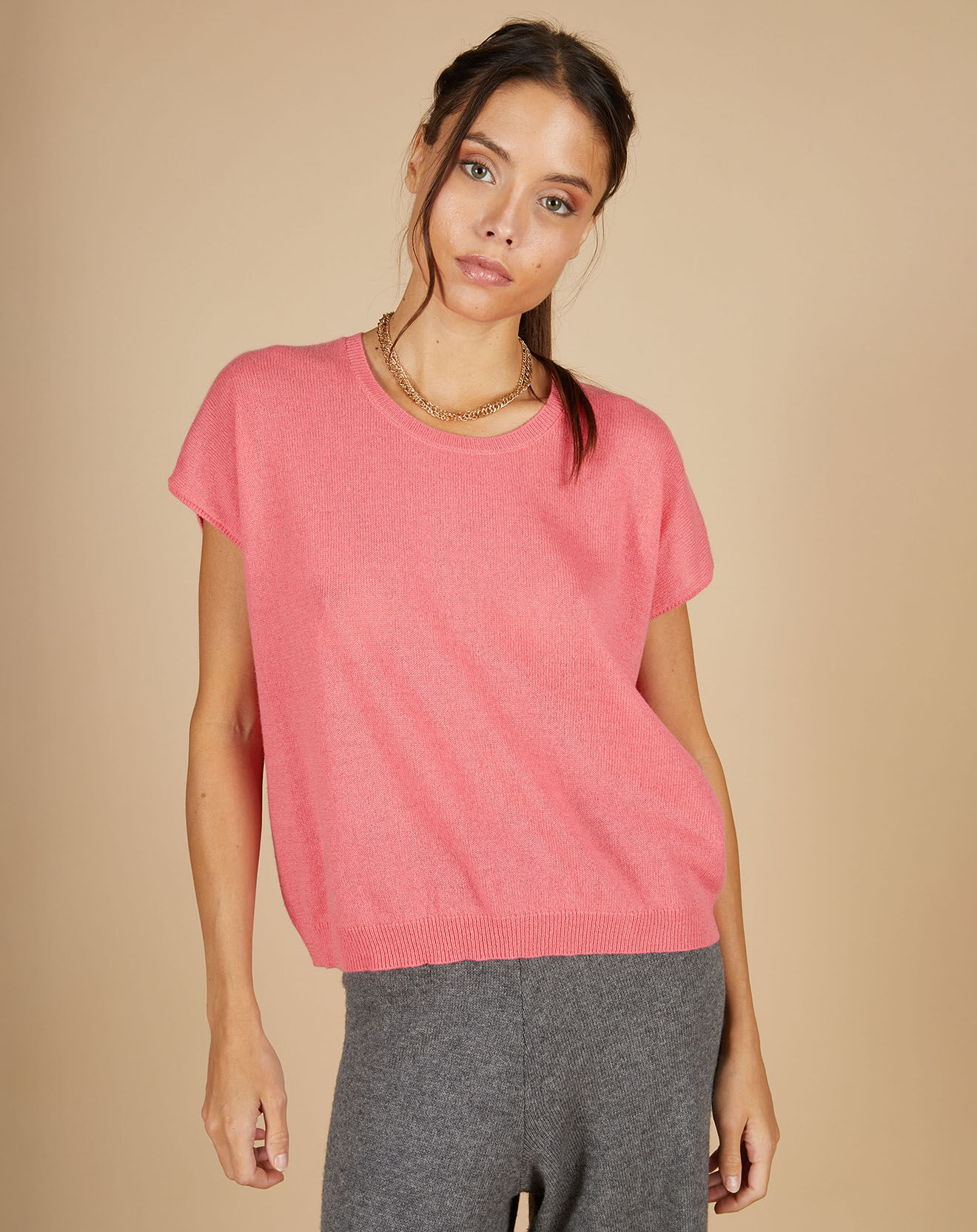Cashmere Tribu Pull 100% Cachemire Laurène manches courtes rose