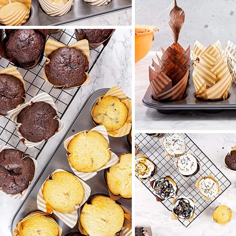 (50er Set) Einweg Papier Cupcake Förmchen Muffin Form Brötchen Backform mit Streifen - Braun